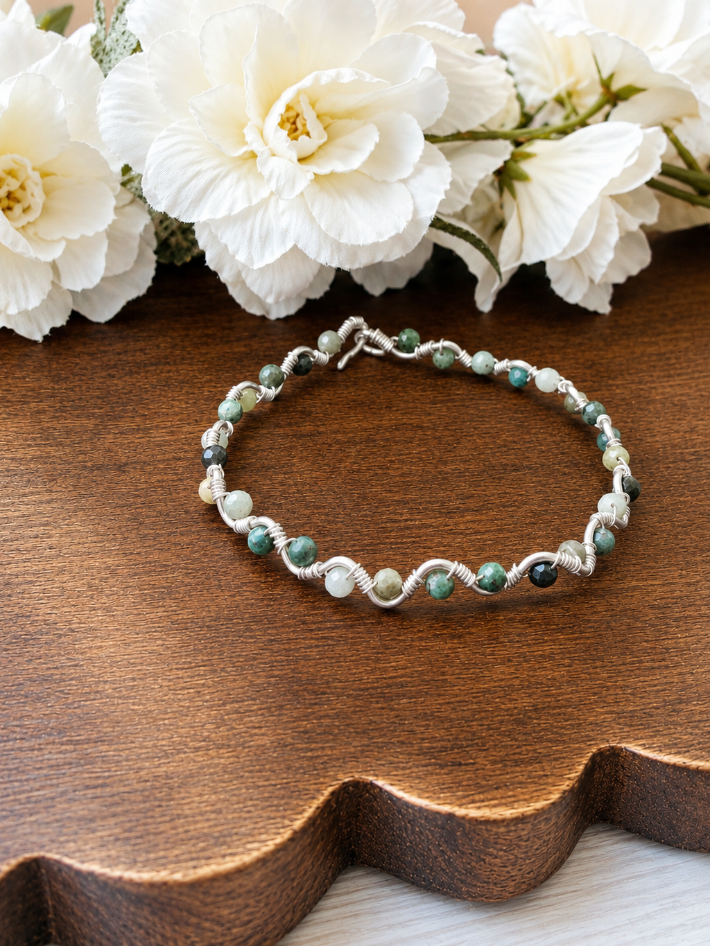Emerald wire wrapped bracelet