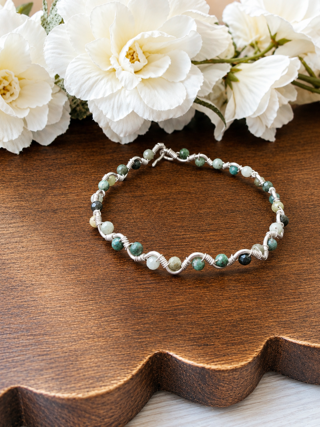 Emerald wire wrapped bracelet