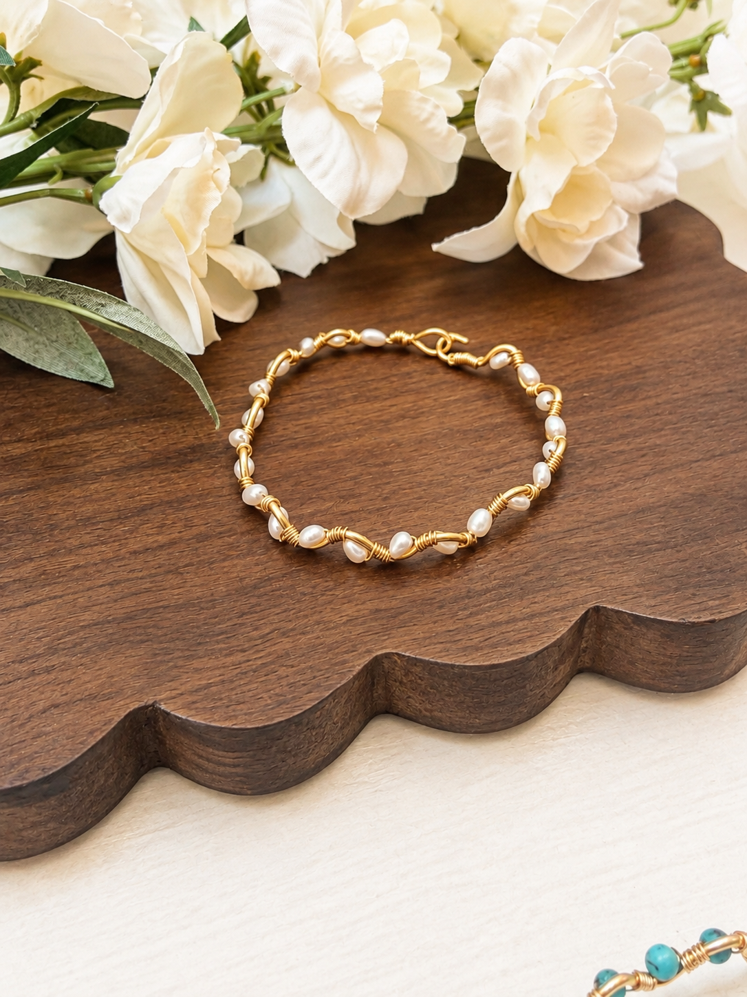 Rice pearl beaded wire wrapped bracelet